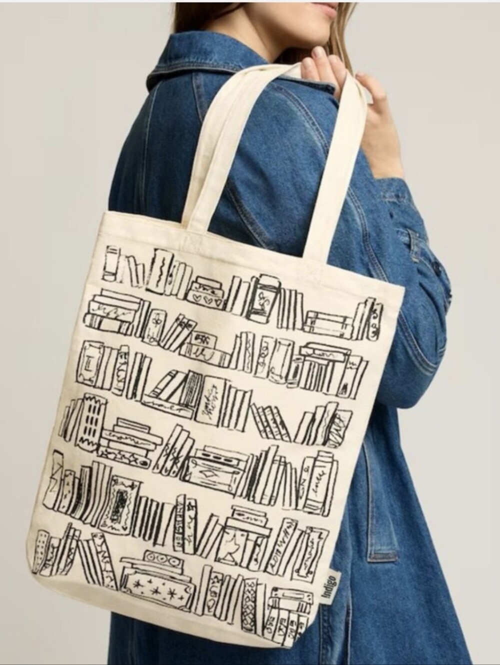 Indigo Book Cream and Black Canvas Tote with Graphic Sketch